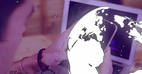 Image of data processing with globe over caucasian woman using smartphone