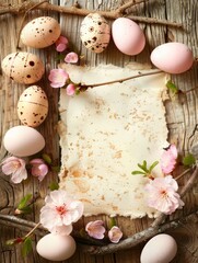 Fototapeta na wymiar Easter holiday border and frame template. Happy Easter Day. Elegant egg and paper blank in center. Beautiful flower. Branding mock up, holiday marketing concept. soft color background