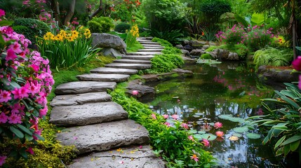 A serene garden scene with a stone pathway winding through lush greenery and blooming flowers, leading to a peaceful pond