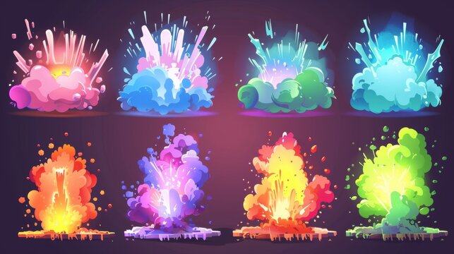 This is an explosion, game bomb boom effect with colored clouds, smoke and fumes. The sound of fire and weapon shooting out, with elemental magician spells purple, green, blue and red.