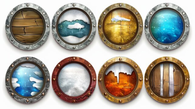 Modern illustration of round UI game frames made of silver, gold, and metal in combination with snow, wood, and stone.