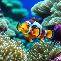 Clown fish on the ocean floor. Undersea world