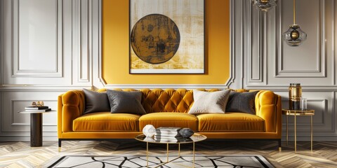 A living room with a yellow couch and a gold coffee table