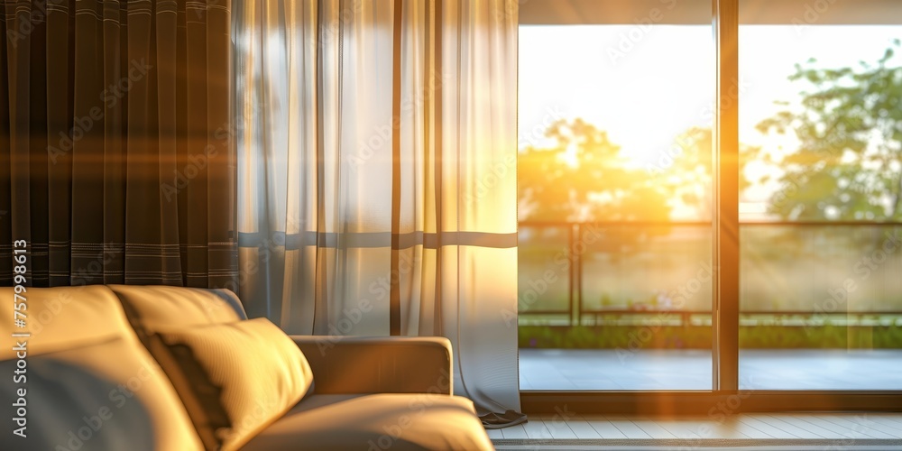 Poster a large white couch is in front of a window with a curtain drawn