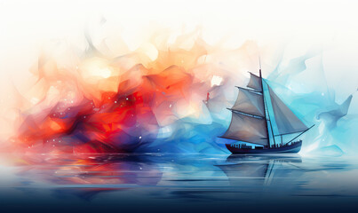 Abstract sailboat in a colorful sea of colors.