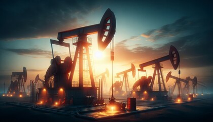 Oil pumps at an oil field, in the golden light from the rising sun. Industrial progress in the natural environment. Oil production. Economic ecological crisis - obrazy, fototapety, plakaty