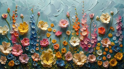 Oil impasto painting of colorful flowers on canvas. Beautiful abstract macro knife painting...