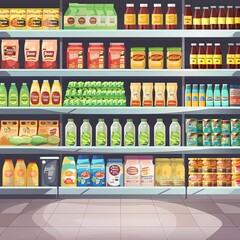 supermarket with colorful shelves, varied assortment of goods. generative ai