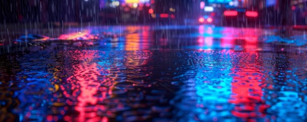 Neon-lit wet street with reflections.