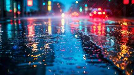 Neon-lit wet street with reflections. - obrazy, fototapety, plakaty