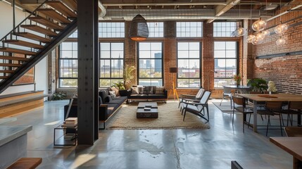 Spacious loft, exposed brick walls, and industrial-style pendant lighting. Floor-to-ceiling windows views of the city skyline. Minimalist furniture.