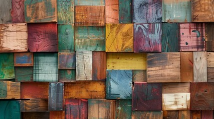 Colorful aged wooden blocks texture, creating an artistic wood grain backdrop.