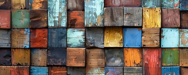 Colorful aged wooden blocks texture, creating an artistic wood grain backdrop.