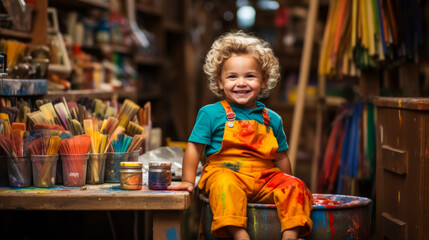 The baby painter, sitting on a stool with an easel in front of him, a paintbrush in one hand, a palette in the other, wearing an apron with a lot of paint on it, - obrazy, fototapety, plakaty