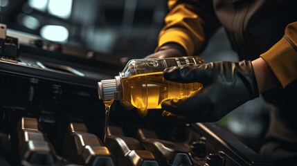Professional mechanic conducting engine maintenance, adding motor oil to a vehicle - obrazy, fototapety, plakaty