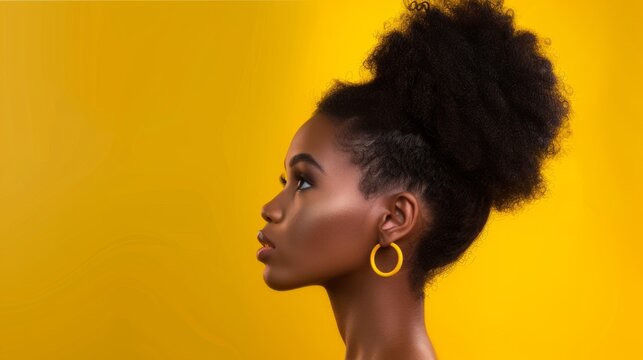 Afro girl with big bun haircut, isolated orange background