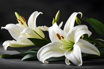 branch of white lilies flowers - obrazy, fototapety, plakaty