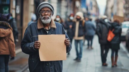 Afro older man standing alone on the crowded street, serious face, holding blank protest sign