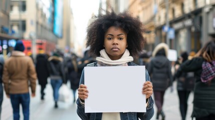 Afro woman standing alone on the crowded street, serious face, holding blank protest sign - obrazy, fototapety, plakaty