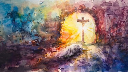 Watercolor depiction of an empty tomb with shroud and crucifix at sunrise, symbolizing Jesus Christ's resurrection. - obrazy, fototapety, plakaty