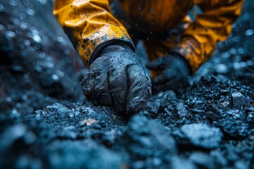 A person in a yellow raincoat with a black glove reaches out to touch wet coals, focusing on the texture and details - Powered by Adobe