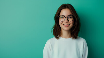 Cool hipster student woman wearing eyewear glasses Caucasian female university student looking at camera smiling happy on teal color background professional photography - obrazy, fototapety, plakaty