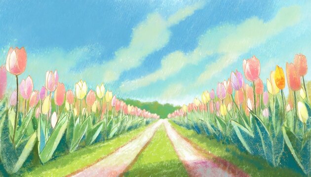 Illustration background of tulip field and single road.