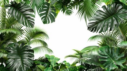 Fototapeta na wymiar Lush tropical leaves jungle backdrop, isolated on white.