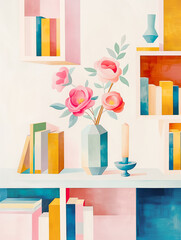 Still life with Vibrant Book Collection Adorns Table in Cozy Room.