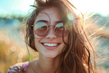 A woman with long brown hair and sunglasses on her face. She is smiling and looking at the camera. Woman happy face female background fun portrait