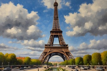 An oil painting of the Eiffel Tower in France
