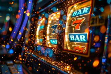 Bright and colorful slot machines in a casino showing the excitement of gambling - obrazy, fototapety, plakaty