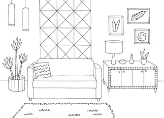 Front view living room graphic black white home interior sketch illustration vector
