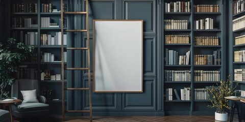A large room with a white framed picture on the wall