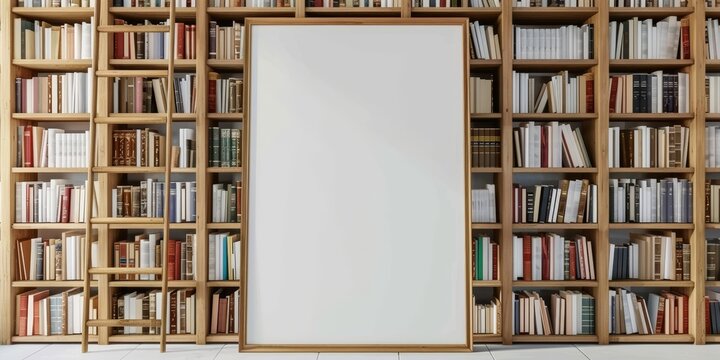 A white frame is in the middle of a library with many bookshelves