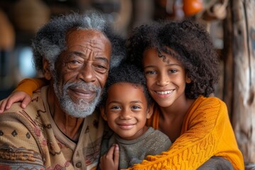 A heartwarming image of a grandparent with grandchildren, exuding warmth and love in a family portrait - obrazy, fototapety, plakaty