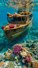 Fototapeta na wymiar Shipwreck and coral reef its wooden structure home to myriad of sea life - Water and colorful coral contrast with the decaying ship, symbolizing nature reclaiming created with Generative AI Technology