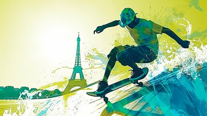 simple line art minimalist collage illustration with a professional skateboarder practicing tricks and Eiffel Tower in the background, olympic games, wide len - obrazy, fototapety, plakaty