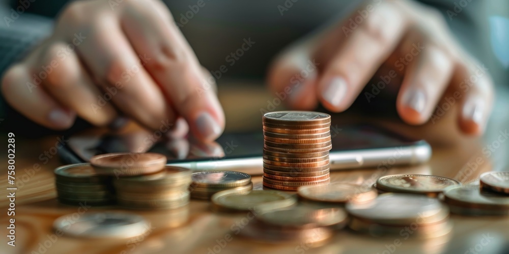 Poster a person is counting coins on a table