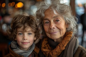 Close-up of a smiling elderly woman with her curly-haired grandson, in a warm and comfortable environment