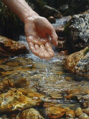 A hand in a pastel aquatic scene, scooping clean water from a stream, signifies natural resource access as a climate justice concern.