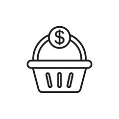 Shopping basket icon with dollar and money symbol. Vector in outline and line style. 
