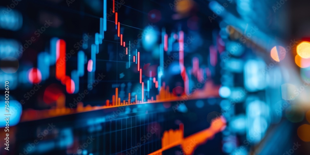 Poster a stock market graph with red and orange lines showing a drop in stock prices