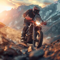 arafed motorcyclist riding on a rocky trail at sunset