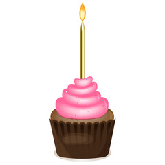 
Illustration depicting a chocolate cupcake with pink cream and a burning candle on a white background
