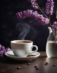Obraz na płótnie Canvas Picture, a cup of coffee with steam coming out of it, next to a vase with lilacs