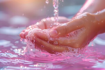 Fototapeta premium A serene image capturing hands gently catching transparent cascading water droplets