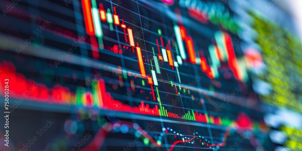 Poster a computer screen shows a graph of stock prices