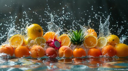 Fruit splashing in water. Orange, lemon, dragon fruit and pineapple - obrazy, fototapety, plakaty