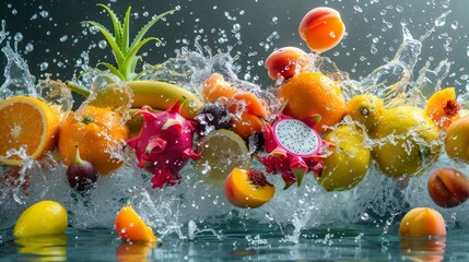 Fruits and water splash. Healthy food concept. - obrazy, fototapety, plakaty